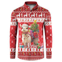 Red button-up crew sweatshirt with festive alpaca and Peru graphic
