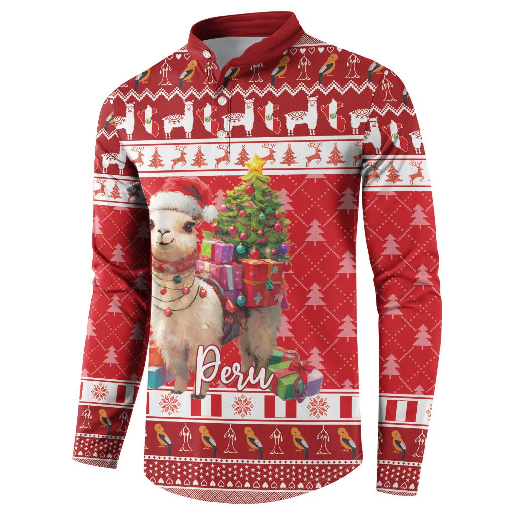 Red button-up crew sweatshirt with alpaca, gifts, and Peru graphic