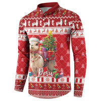 Red button-up crew sweatshirt with alpaca, gifts, and Peru graphic