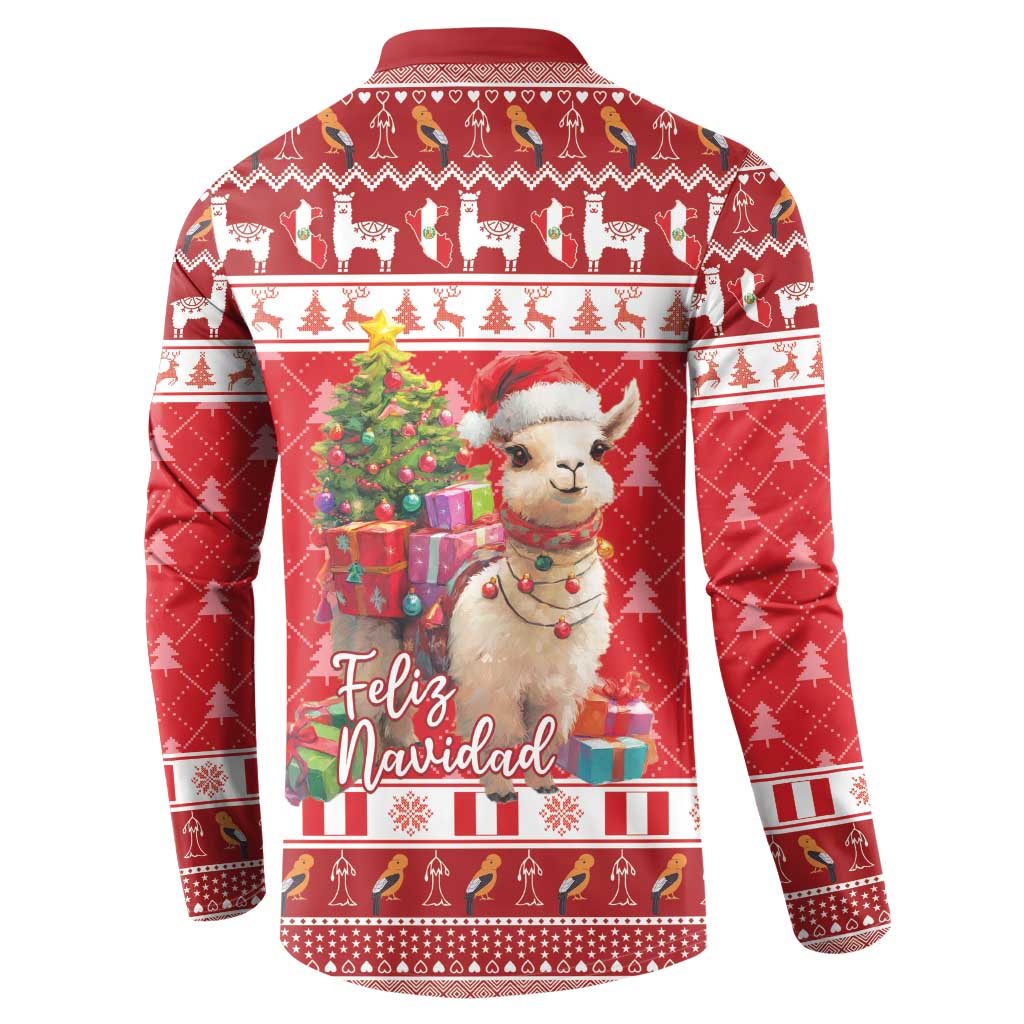 Red button-up crew sweatshirt with Feliz Navidad text and alpaca gift scene