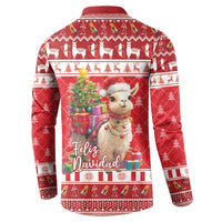 Red button-up crew sweatshirt with Feliz Navidad text and alpaca gift scene
