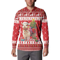 Red button-up crew sweatshirt with alpaca, tree, and Peru graphic