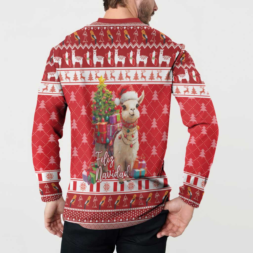 Red button-up crew sweatshirt with Feliz Navidad lettering and alpaca holding gifts