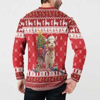 Red button-up crew sweatshirt with Feliz Navidad lettering and alpaca holding gifts