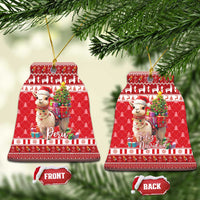 Red Christmas tree-shaped ornament set with alpaca, gifts, and Peru/Feliz Navidad text; front/back labels.