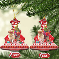 Red Christmas tree-shaped ceramic ornament with alpaca, gifts, and "Feliz Navidad" text; front/back shown.