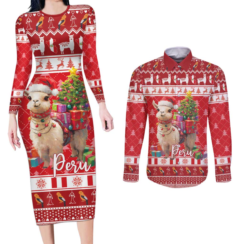 Peru Christmas Couples Matching Long Sleeve Bodycon Dress and Long Sleeve Button Shirt Peruvian Alpaca Feliz Navidad - Wonder Print Shop