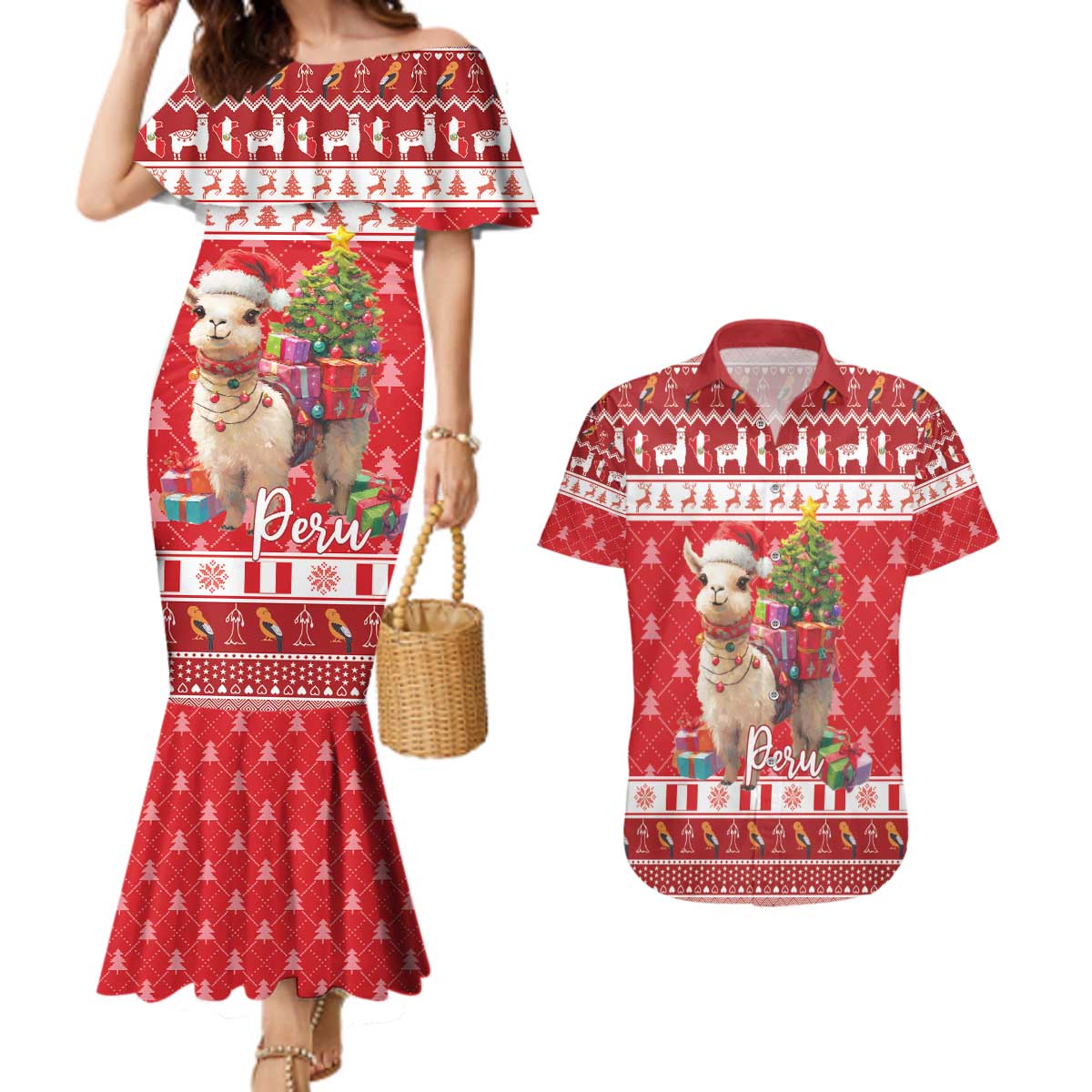 Peru Christmas Couples Matching Mermaid Dress and Hawaiian Shirt Peruvian Alpaca Feliz Navidad - Wonder Print Shop