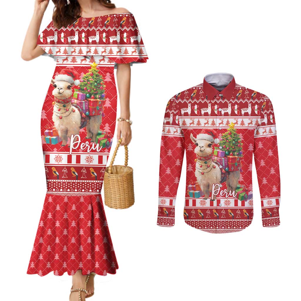 Peru Christmas Couples Matching Mermaid Dress and Long Sleeve Button Shirt Peruvian Alpaca Feliz Navidad