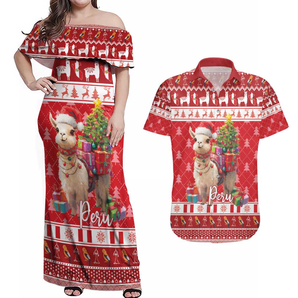 Peru Christmas Couples Matching Off Shoulder Maxi Dress and Hawaiian Shirt Peruvian Alpaca Feliz Navidad - Wonder Print Shop