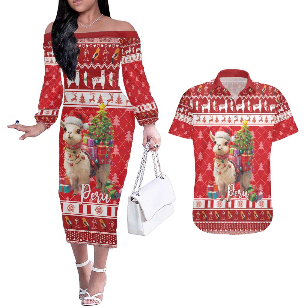 Peru Christmas Couples Matching Off The Shoulder Long Sleeve Dress and Hawaiian Shirt Peruvian Alpaca Feliz Navidad - Wonder Print Shop