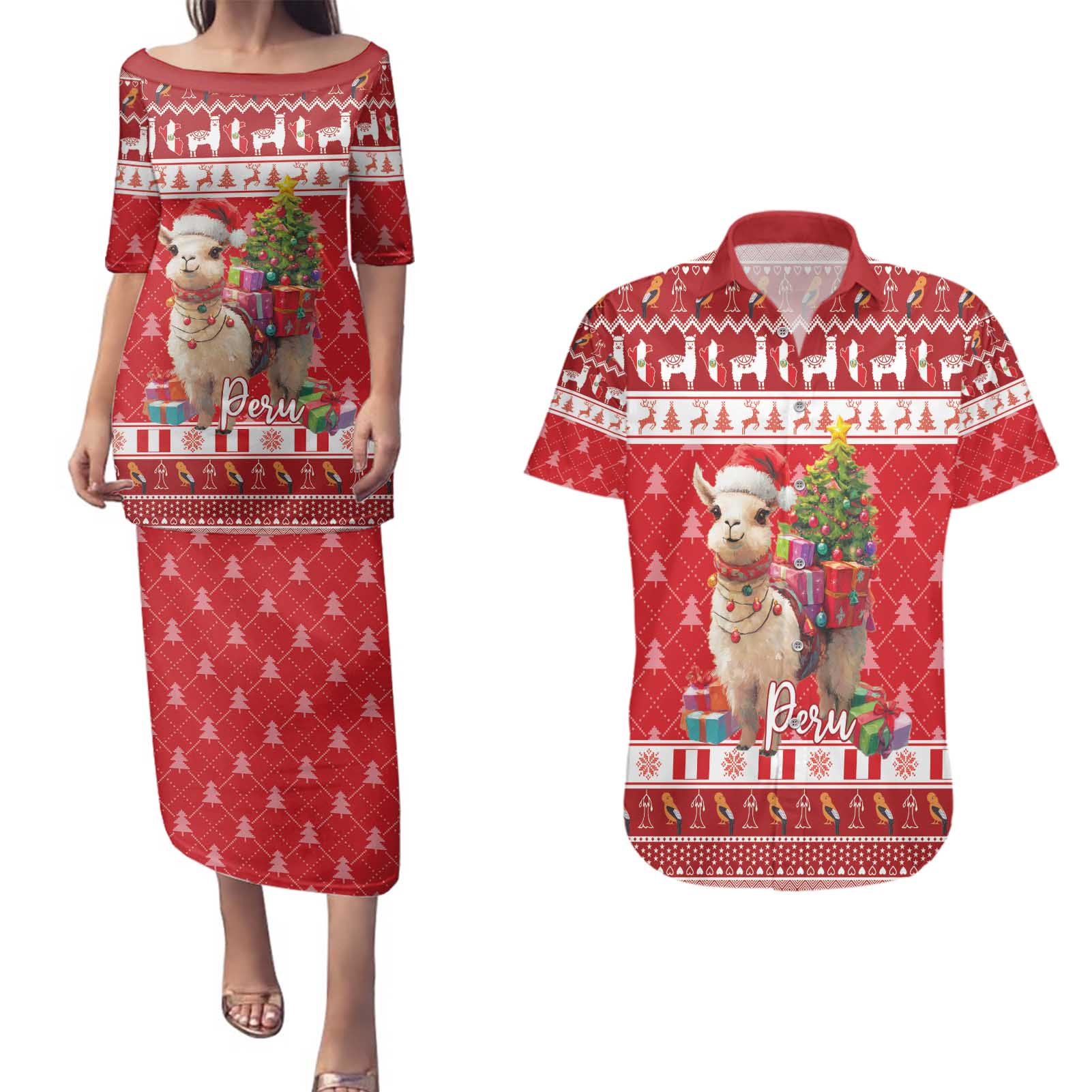 Peru Christmas Couples Matching Puletasi and Hawaiian Shirt Peruvian Alpaca Feliz Navidad - Wonder Print Shop