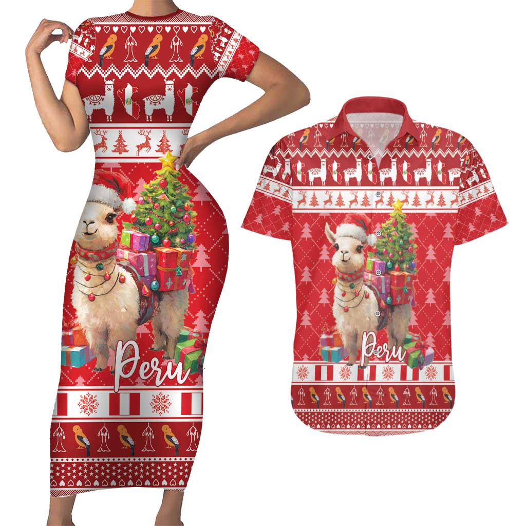 Peru Christmas Couples Matching Short Sleeve Bodycon Dress and Hawaiian Shirt Peruvian Alpaca Feliz Navidad - Wonder Print Shop