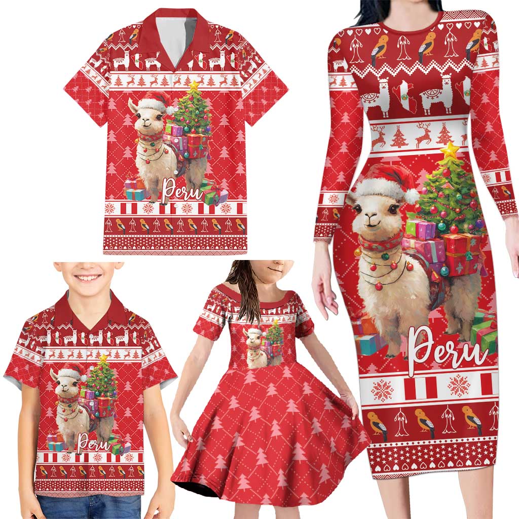 Peru Christmas Family Matching Long Sleeve Bodycon Dress and Hawaiian Shirt Peruvian Alpaca Feliz Navidad - Wonder Print Shop