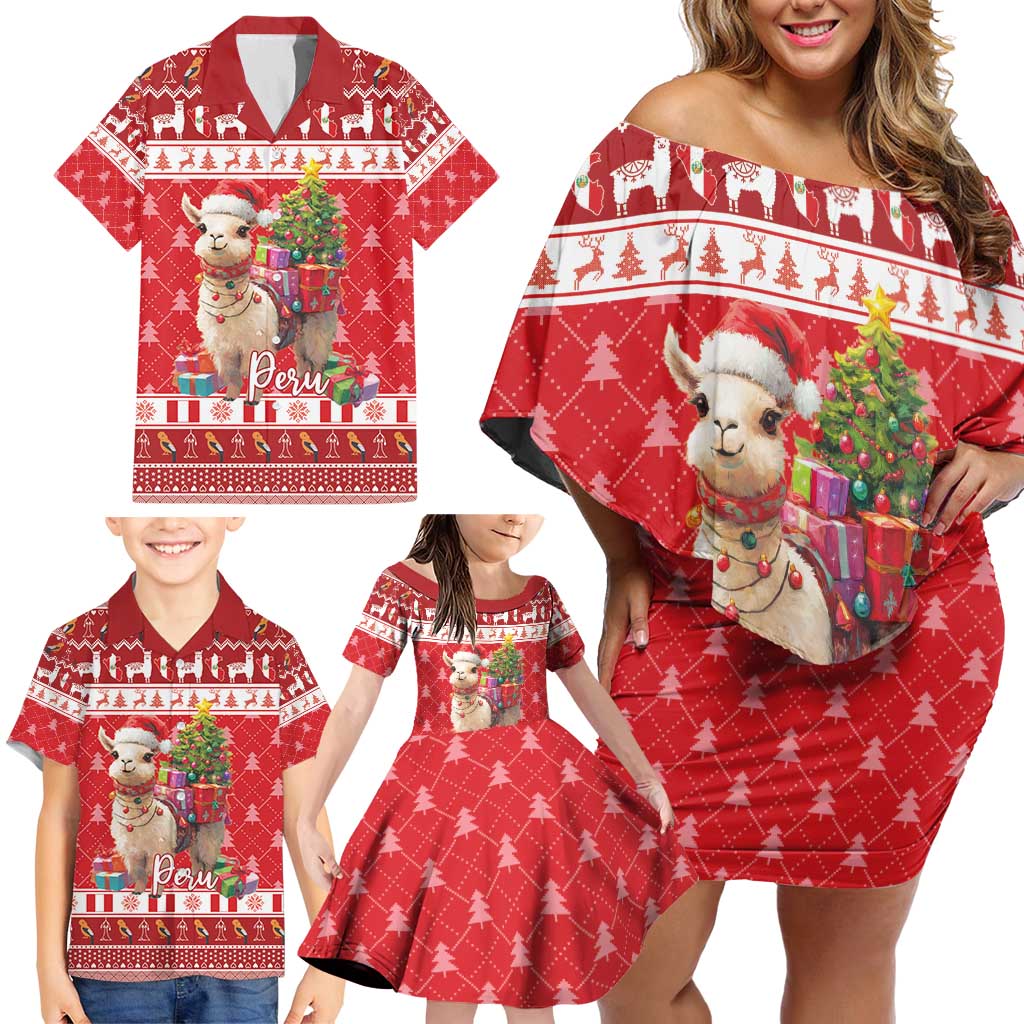 Peru Christmas Family Matching Off Shoulder Short Dress and Hawaiian Shirt Peruvian Alpaca Feliz Navidad - Wonder Print Shop