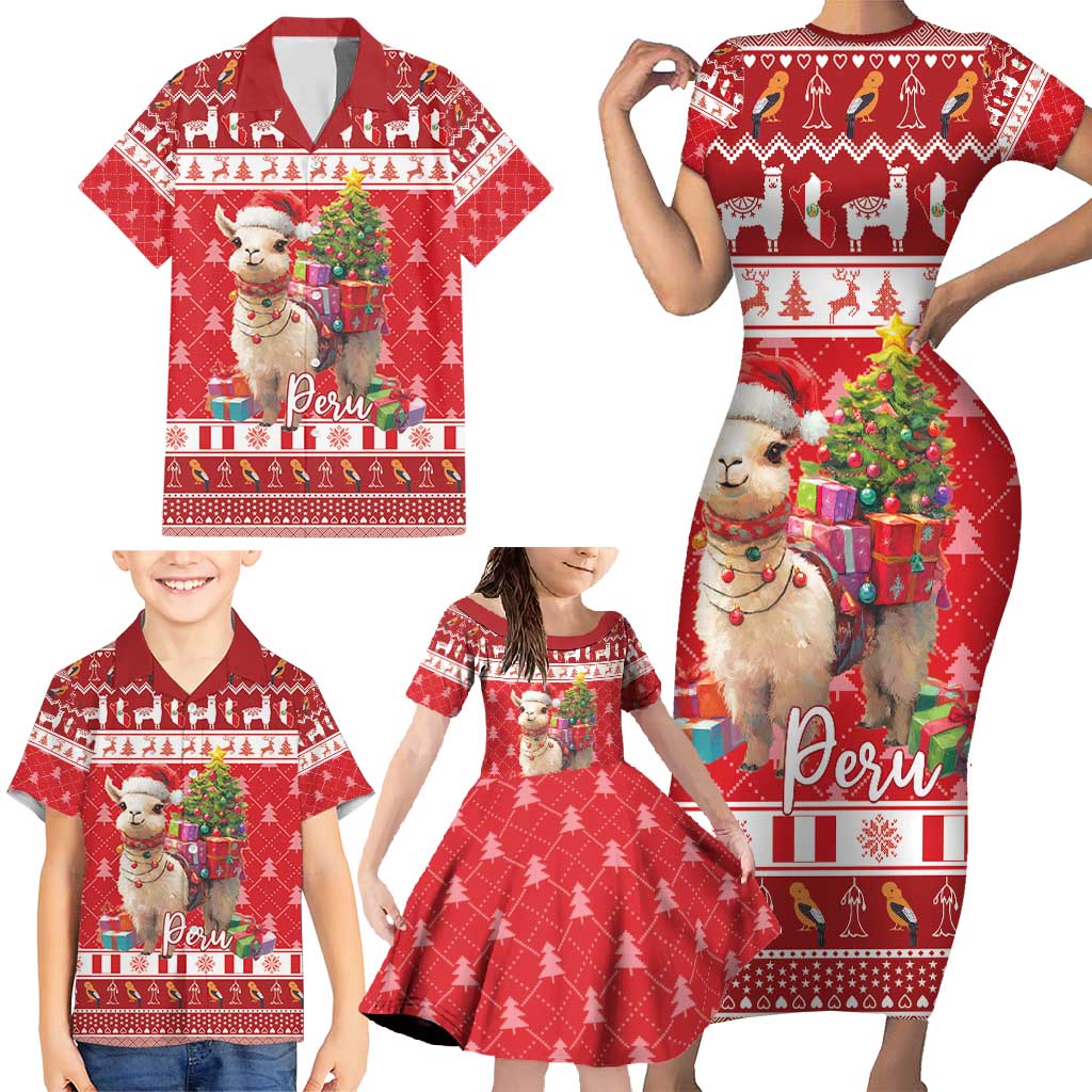 Peru Christmas Family Matching Short Sleeve Bodycon Dress and Hawaiian Shirt Peruvian Alpaca Feliz Navidad - Wonder Print Shop