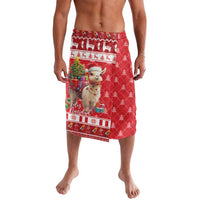 Red Christmas lavalava sarong with llama and Feliz Navidad graphic, festive border trim