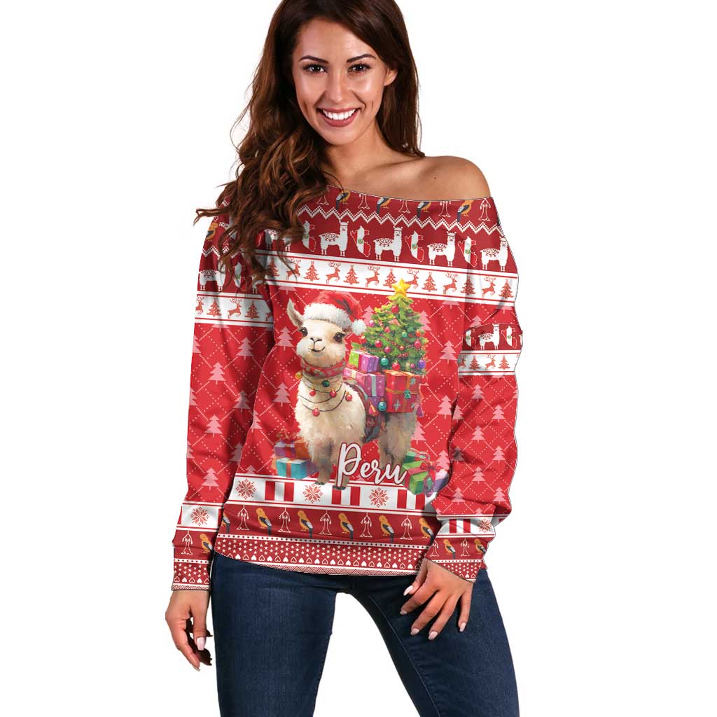 Peru Christmas Off Shoulder Sweater Peruvian Alpaca Feliz Navidad