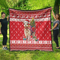 Red Peru Christmas alpaca quilt blanket with patterned top border and alpaca in center