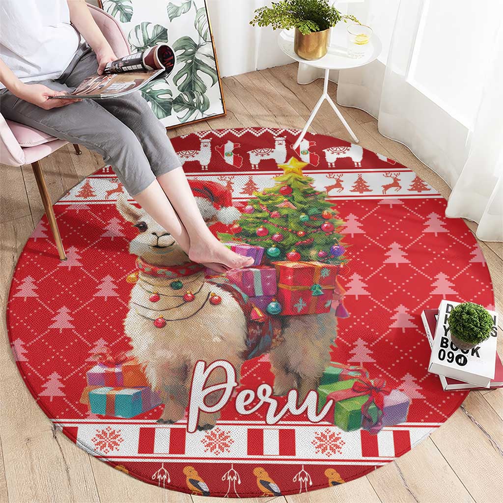 Red circular Christmas rug with alpaca carrying gifts and Peru lettering