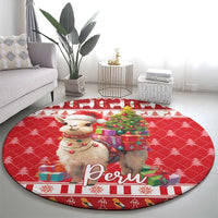 Red round Christmas rug featuring alpaca with gifts and Peru text