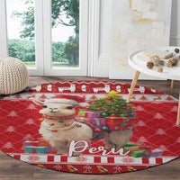 Red round Christmas rug with alpaca, gift boxes, and Peru lettering