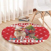 Red round Christmas rug with alpaca holding gifts and Peru script