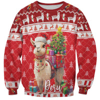Red unisex Christmas sweatshirt with llama, decorated tree, gifts, and Peru script