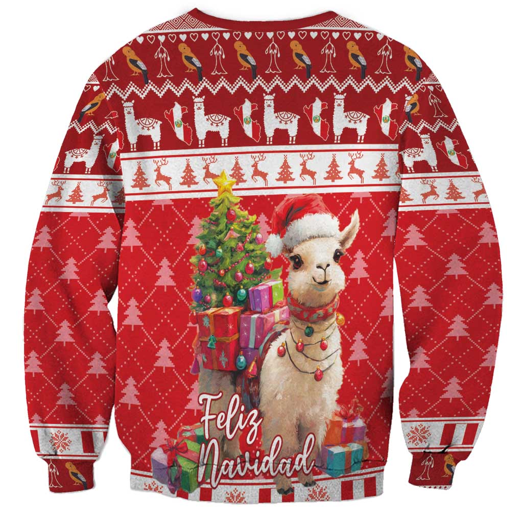 Red unisex Christmas sweatshirt with repeating llama pattern and Feliz Navidad text
