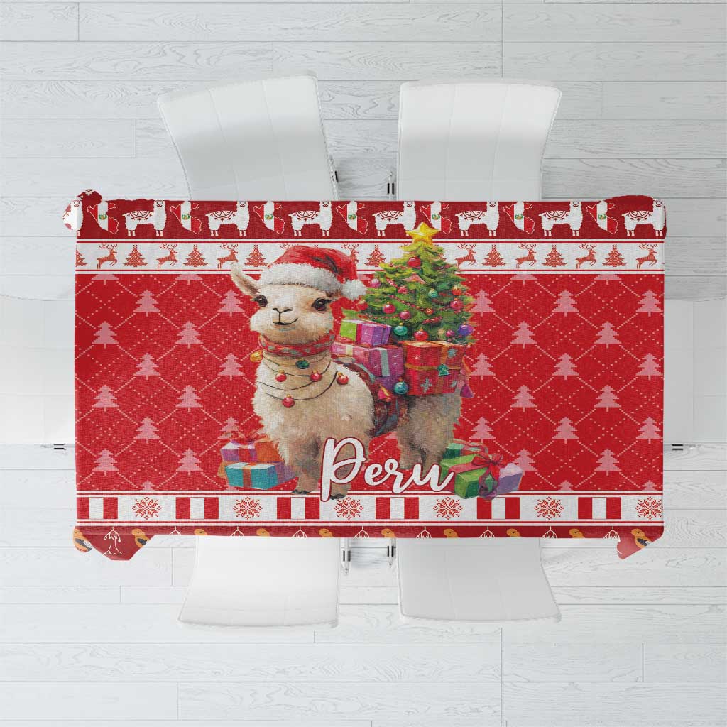 Red alpaca-themed Christmas tablecloth with Feliz Navidad and llamas.