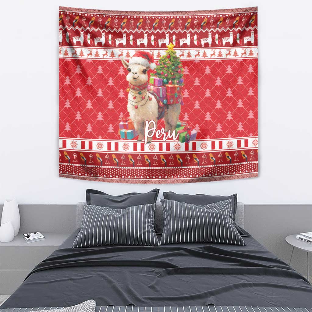 Red Christmas tapestry centered on alpaca holding gifts, Peru lettering, pine tree pattern.