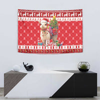 Red Christmas tapestry with alpaca in hat holding gifts, Peru lettering, pine trees and stripes.