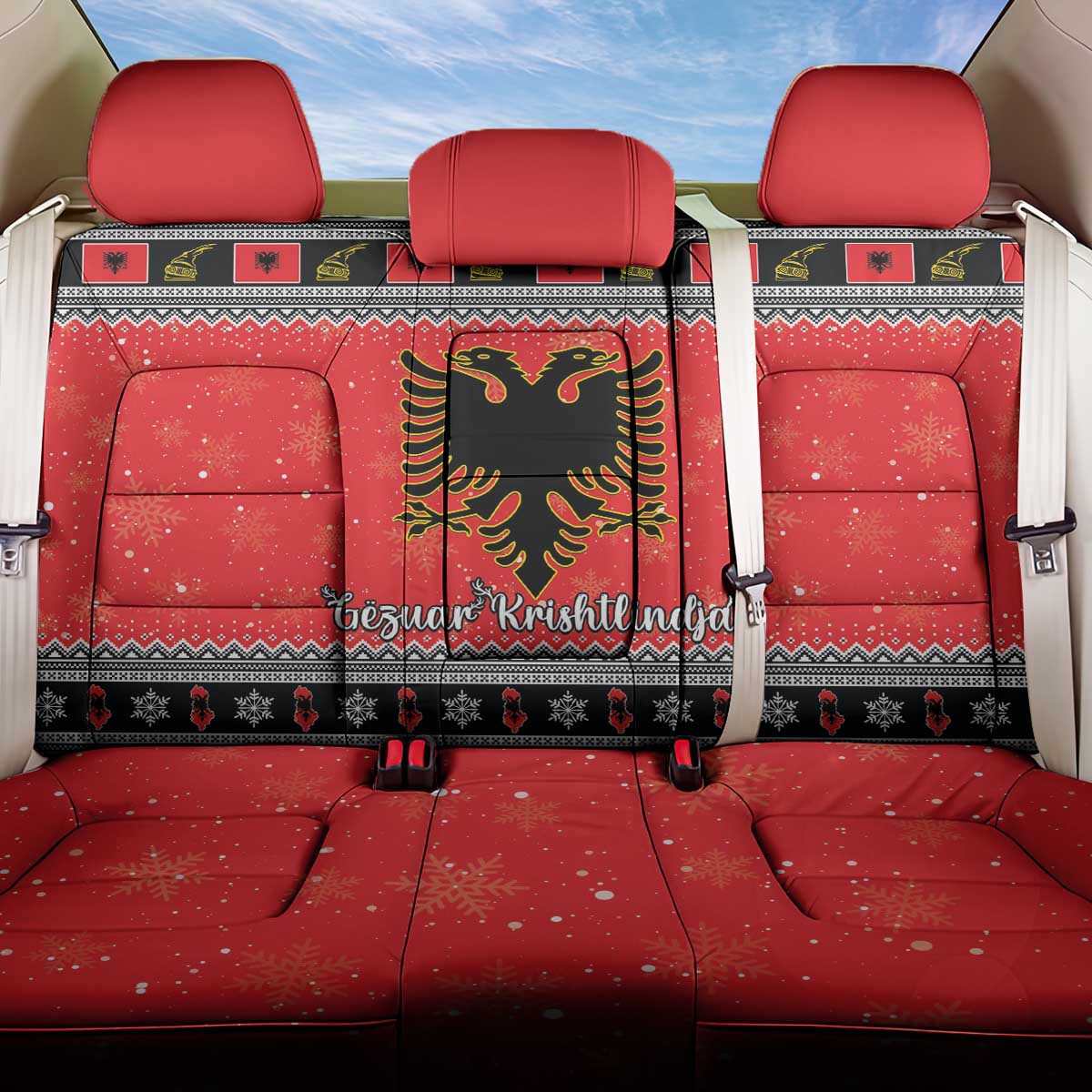 Albania Christmas Back Car Seat Cover Albanian Eagle Gezuar Krishtlindja - Wonder Print Shop