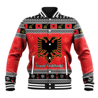 Red and black Christmas baseball jacket with Albanian eagle graphic and ribbed hem