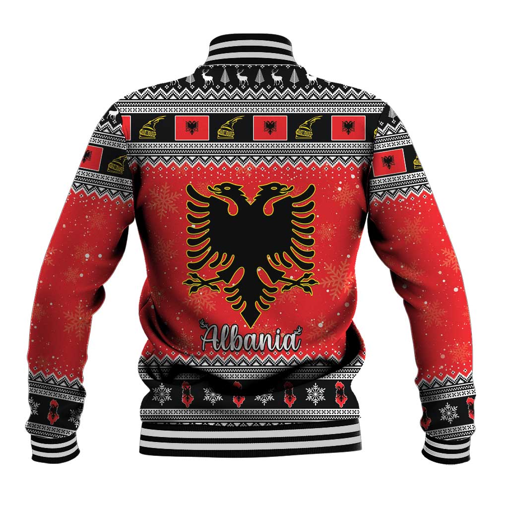 Red and black Christmas baseball jacket with back print 'Albania' and eagle motif
