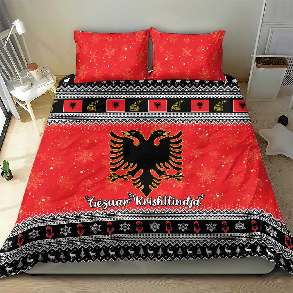 Red bedding set with two pillowcases, eagle emblem and black patterned band along hem