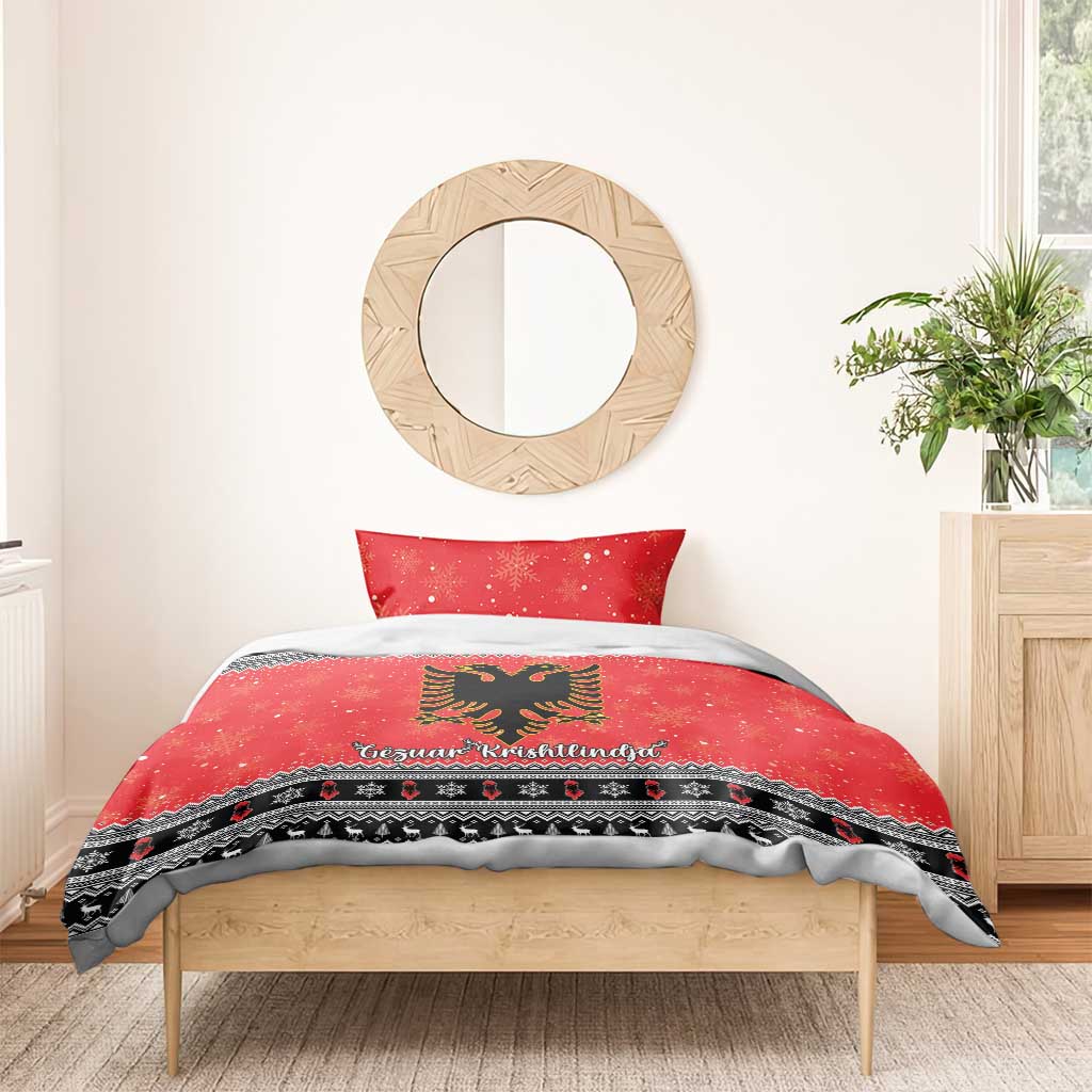 Red Christmas duvet cover with eagle emblem and black patterned stripes, paired with one pillow