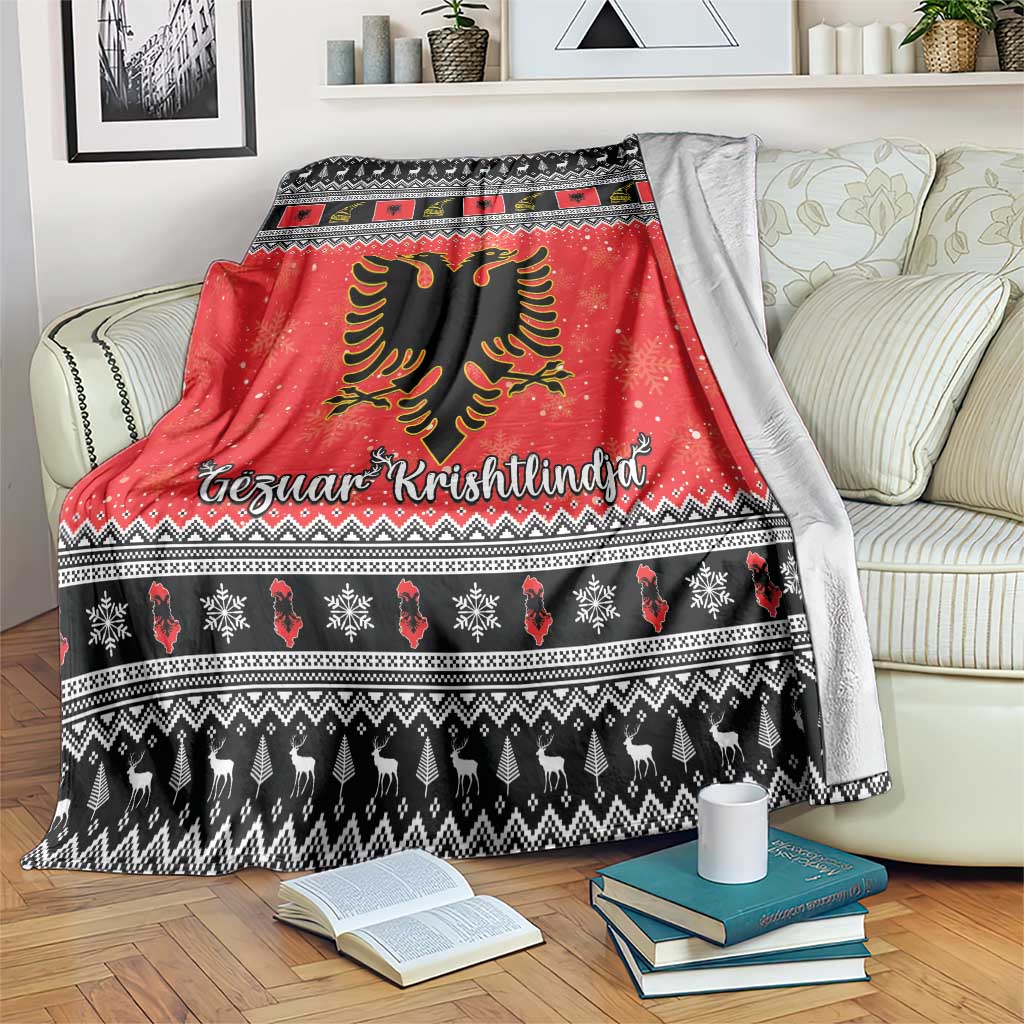 Red Christmas blanket with Albanian eagle and black knit pattern border, Gezuar Krishtlindja text