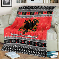 Red Christmas blanket with Albanian eagle graphic, black border, and Gezuar Krishtlindja lettering