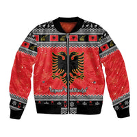Red unisex bomber jacket with black front zip and Albanian eagle graphic