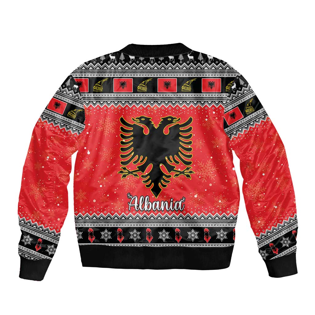 Red unisex bomber jacket with eagle back print and black-and-white patterned trim