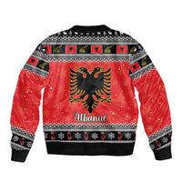 Red unisex bomber jacket with eagle back print and black-and-white patterned trim
