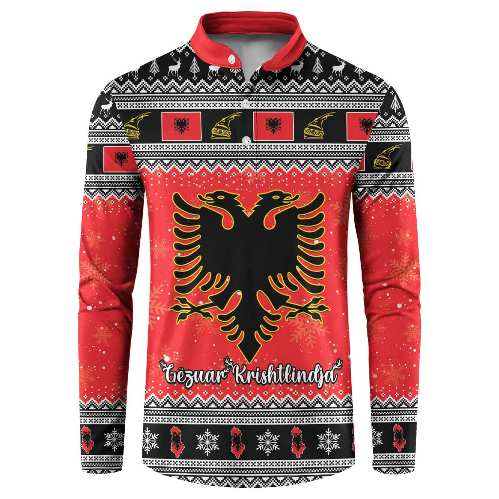 Red and black Christmas button sweatshirt with eagle emblem and festive border pattern