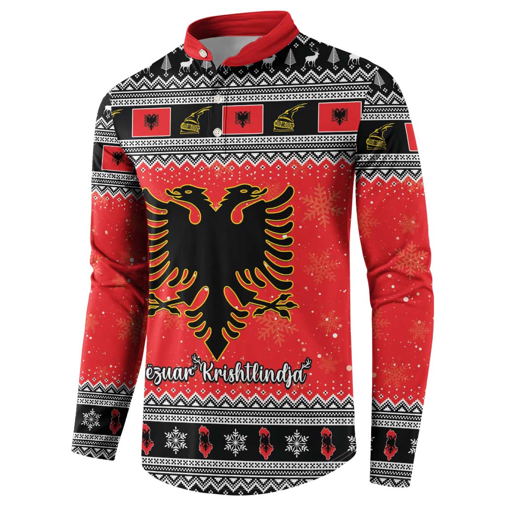 Red and black Christmas button sweatshirt with bold eagle graphic and patterned front yoke