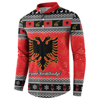 Red and black Christmas button sweatshirt with bold eagle graphic and patterned front yoke