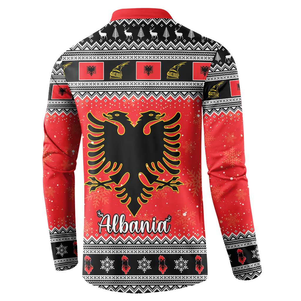Red and black Christmas button sweatshirt, back view with Albania text and eagle design