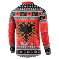 Red and black Christmas button sweatshirt, back view with Albania text and eagle design