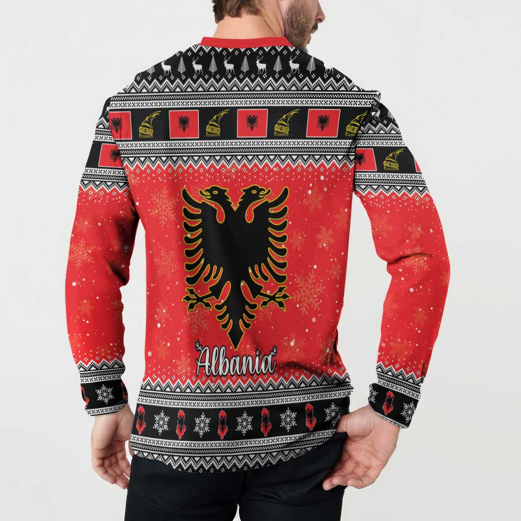 Red and black Christmas button sweatshirt on model, back with Albania text and eagle graphic