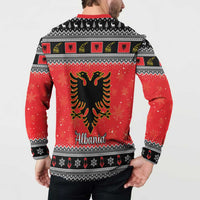 Red and black Christmas button sweatshirt on model, back with Albania text and eagle graphic