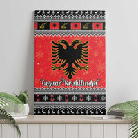Red canvas wall art with Albanian eagle, festive border pattern, and Gezuar Krishtlindja text